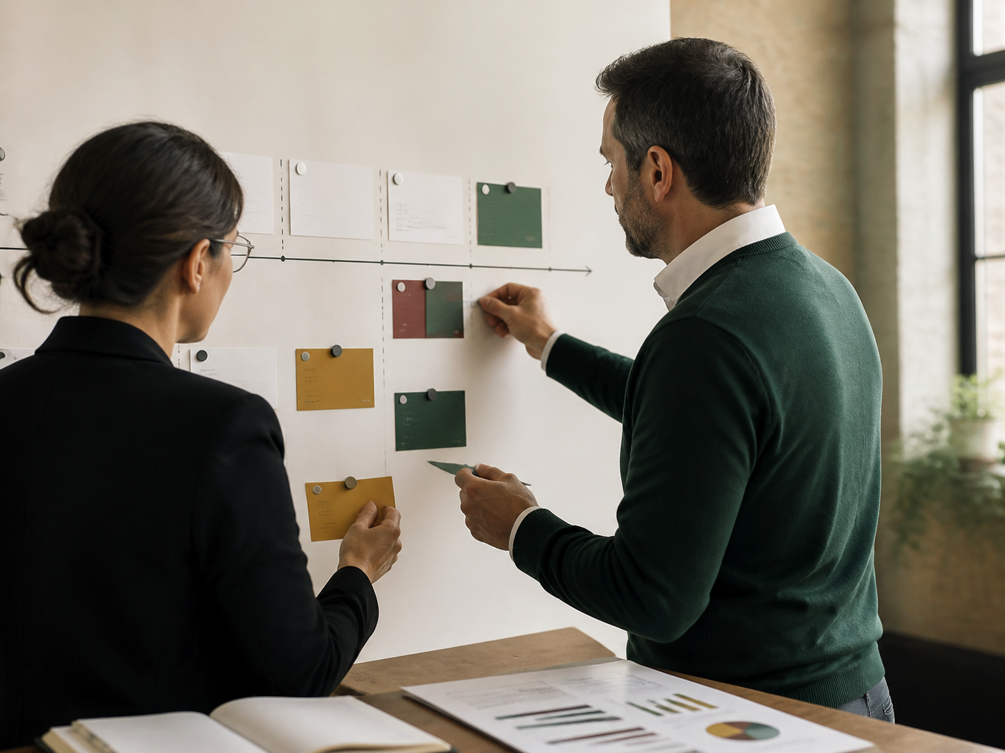 Business professionals organizing recommendations into a prioritized action roadmap
