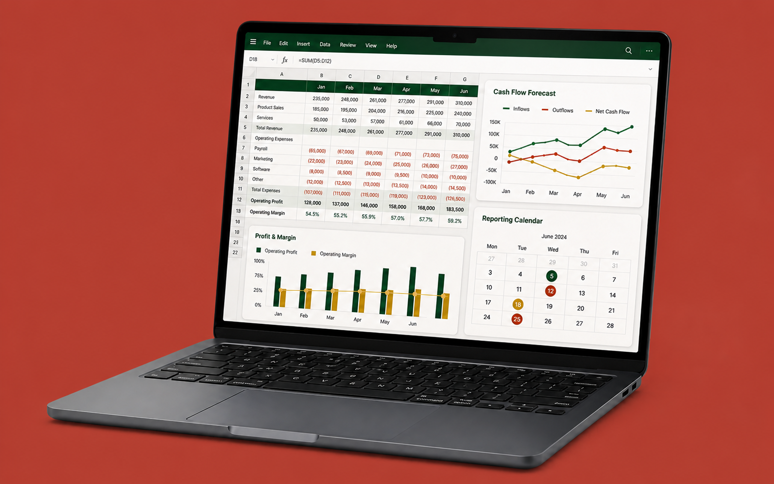 Financial planning model with cash flow, margin and reporting views displayed on a laptop