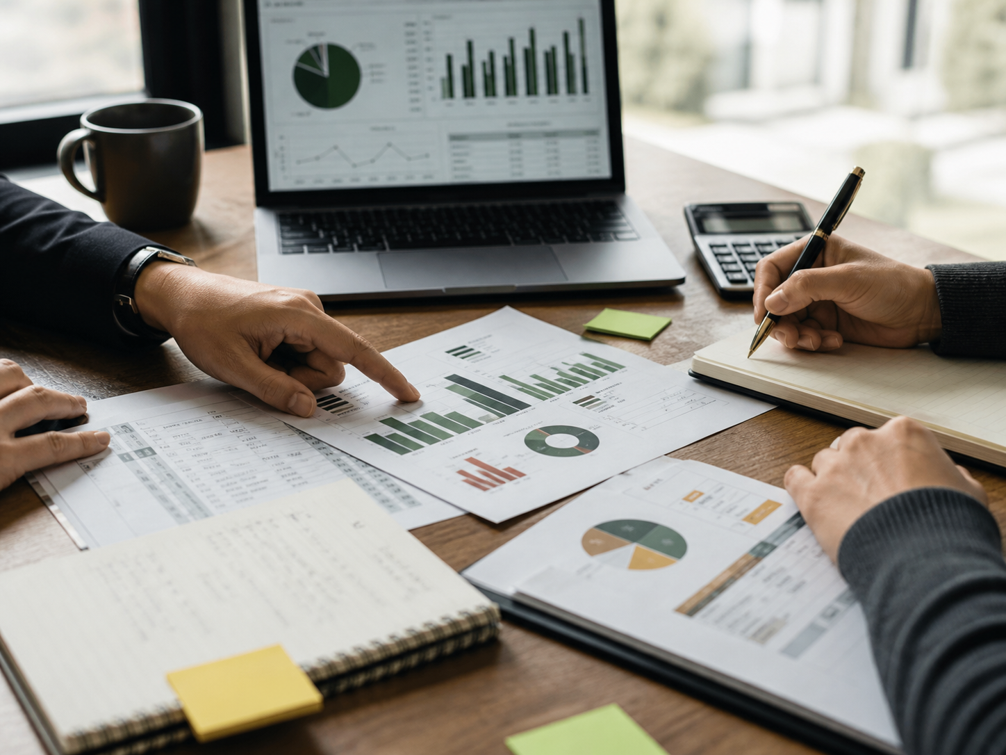 Professionals reviewing operational and financial performance reports